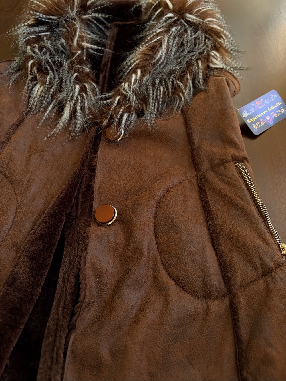 Women's Brown Faux-Suede Sleeveless Vest with Faux-Fur Trim Hood - Picture 2 of 8